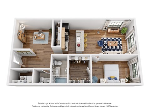 Floor plan for 1 bed, 1.5 baths, 1049 sqft